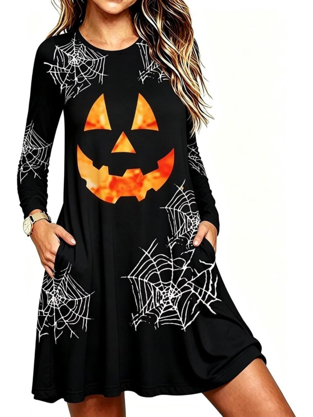 🆕Women's Halloween Pumpkin Spider Web Long Sleeve Swing Dress Pockets